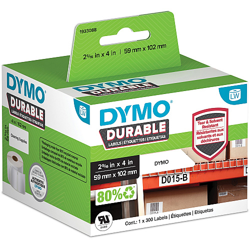 Dymo Address Label - 2 21/64" Width x 4 1/64" Length - White - Plastic - 300 / Roll - 1 Each (193308