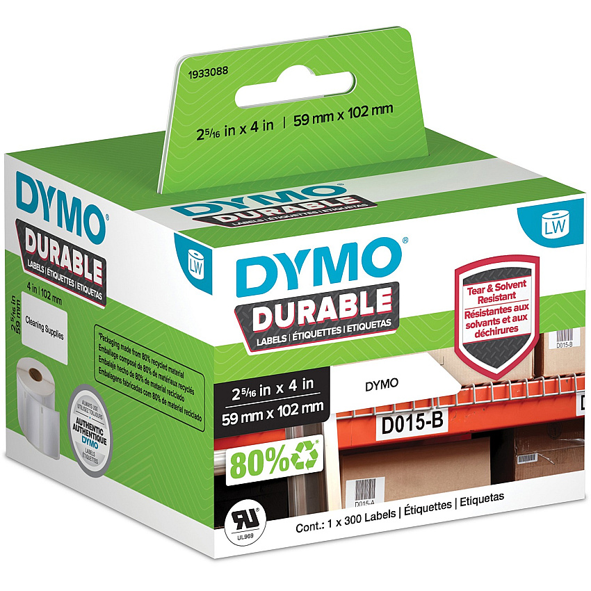 Dymo Address Label - 2 21/64" Width x 4 1/64" Length - White - Plastic - 300 / Roll - 1 Each (193308