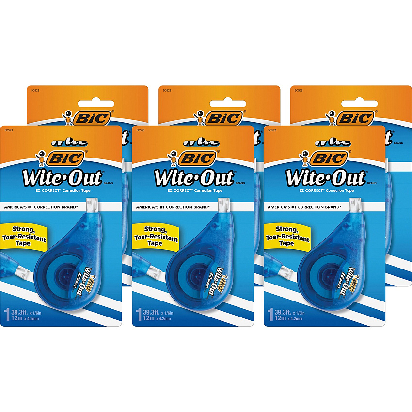 BIC EZ Correct Correction Tape 0.20" Tape Width x 39.40 ft Tape Length - 1 Line(s) - White Tape - Ergonomic White Dispenser - Tear Resistant, Photo-safe, Odorless - White - 6 / Box (WOTAPP11BX)