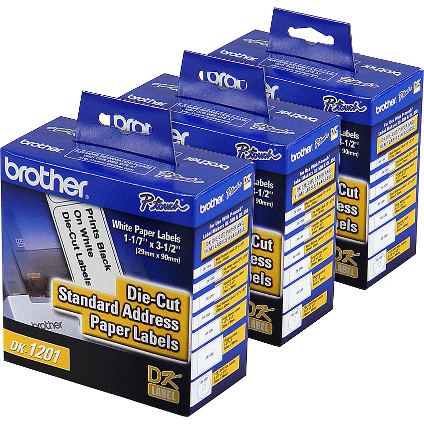 Brother Standard Address Paper Labels 3 9/64" Width x 1 9/64" Length - Direct Thermal - White - Paper - 400 / Roll - 3 / Box (DK1201BX)