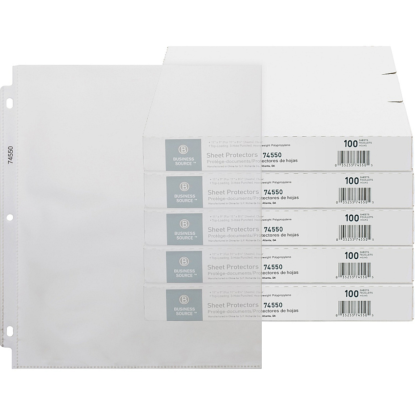 Business Source Top-Loading Poly Sheet Protectors 3.2 mil Thickness - For Letter 8 1/2" x 11" Sheet - 3 x Holes - Ring Binder - Rectangular - Clear - Polypropylene - 100/Box - 5 / Carton (BSN74550CT)