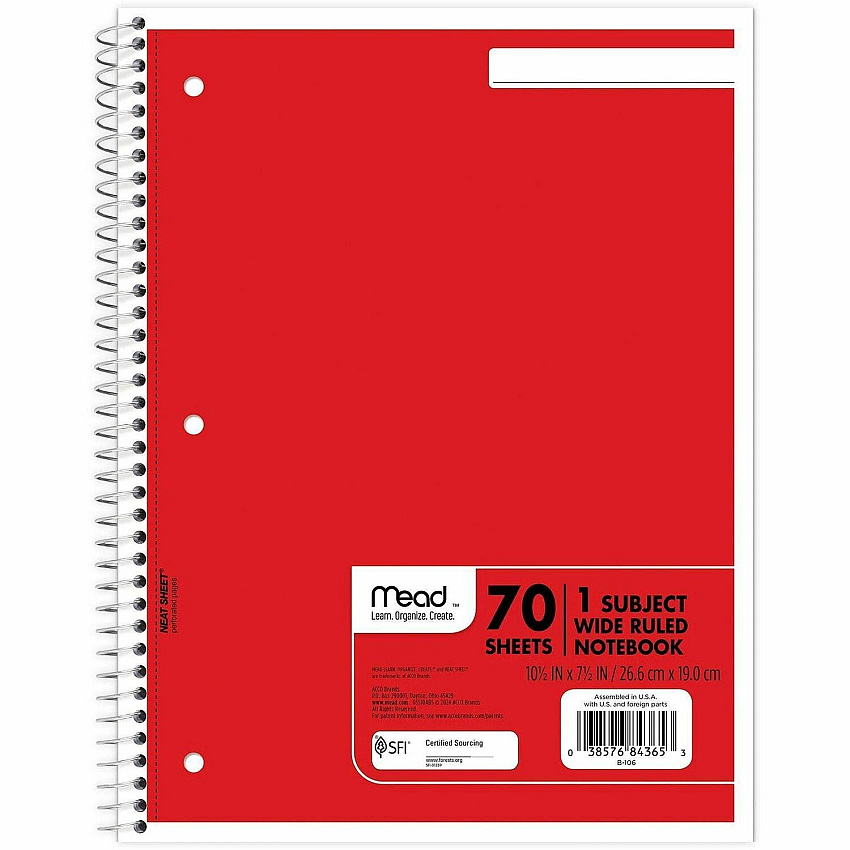 Mead Wide Ruled 1-Subject Notebooks 70 Sheets - Spiral - Wide Ruled Front Ruling - 8" x 10 1/2" Sheet Size - White Paper - Assorted Cover - Hole-punched, Micro Perforated - 6 / Bundle (05510BD)