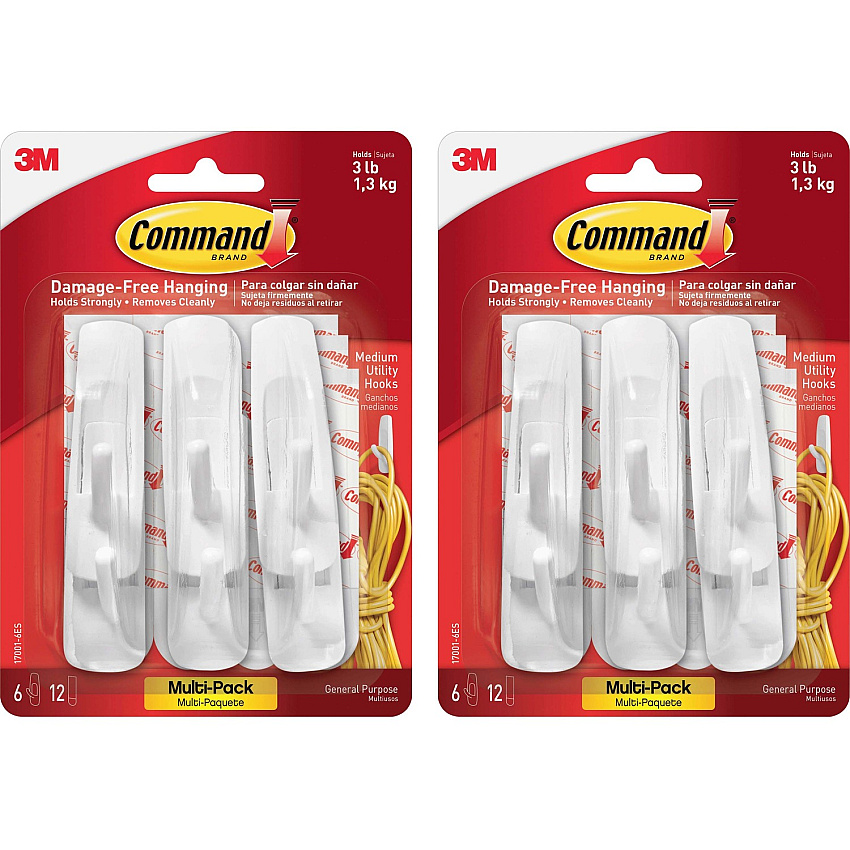 Command Medium Utility Hooks with Adhesive Strips 3 lb (1.36 kg) Capacity - for Paint, Wood, Tile - White - 6/Pack - 2 / Bag (170016ESBG)