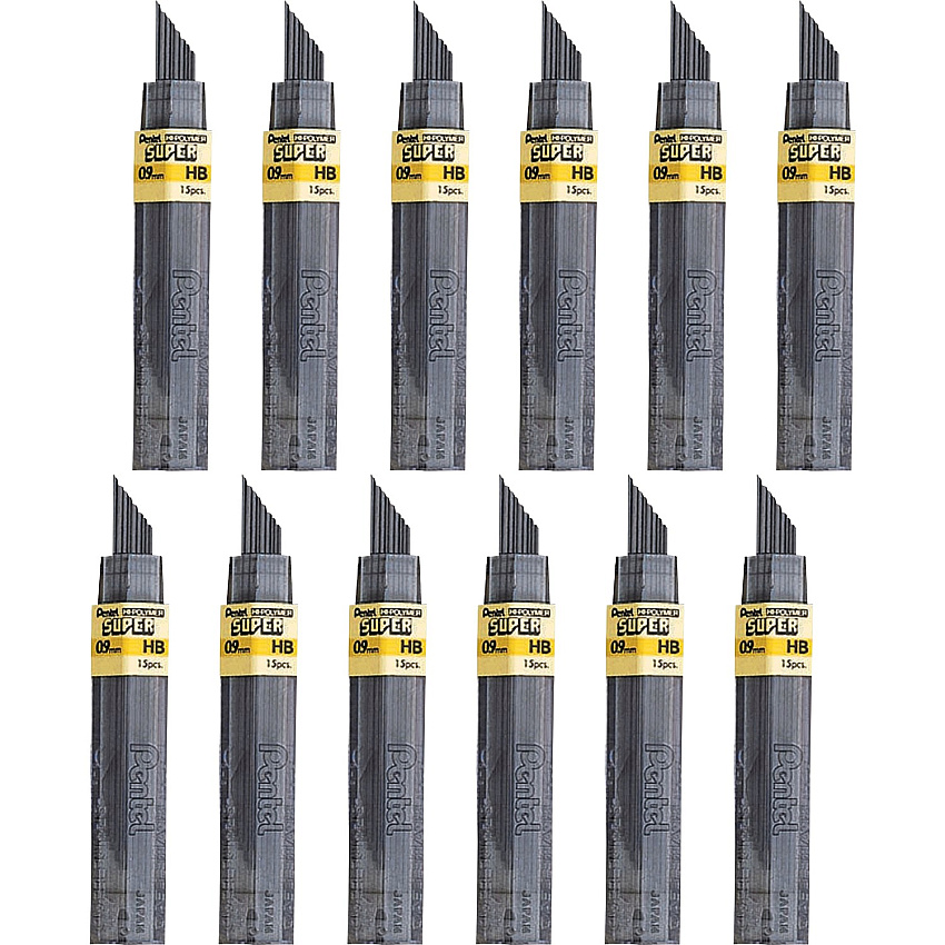 Pentel Super Hi-Polymer Leads 0.9 mm , Bold Point - HB - Black Lead - 15/Tube - 12 / Box (509HBBX)