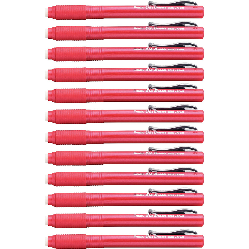 Pentel Rubber Grip Clic Eraser Red Barrel - Pen - Refillable - 12 / Box - Retractable, Latex-free Grip, Pocket Clip, Ghost Resistant, Non-abrasive (ZE22BBX)