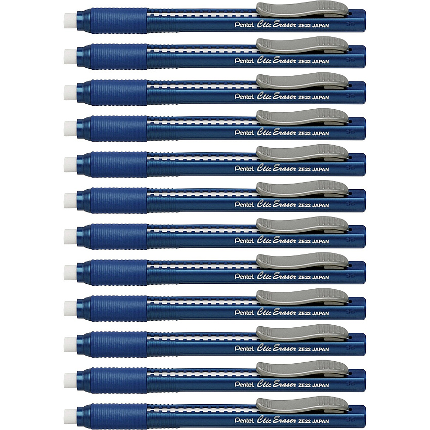Pentel Rubber Grip Clic Eraser Blue Barrel - Pen - Refillable - 12 / Box - Retractable, Latex-free Grip, Pocket Clip, Ghost Resistant, Non-abrasive (ZE22CBX)