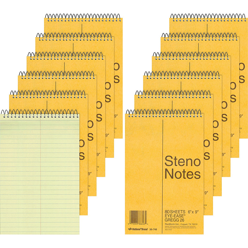 Rediform Steno Notebooks 80 Sheets - Wire Bound - Gregg Ruled Margin - 16 lb Basis Weight - 6" x 9" Sheet Size - Green Paper - Brown Board Cover - Hard Cover, Rigid - 12 / Pack (36746PK)