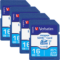 Verbatim Premium 16 GB Class 10/UHS-I (U1) SDHC - 4 / Box 20 MB/s Read - 9 MB/s Write - 133x Memory Speed - 4 / Box (96808BX) Verbatim Premium 16 GB Class 10/UHS-I (U1) SDHC - 4 / Box 20 MB/s Read - 9 MB/s Write - 133x Memory Speed - 4 / Box (96808BX)