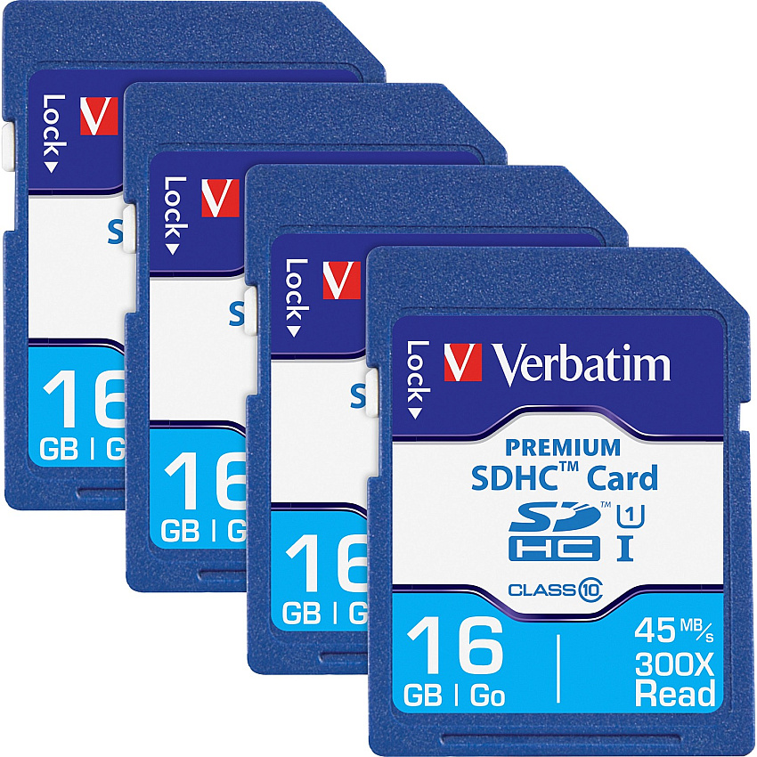 Verbatim Premium 16 GB Class 10/UHS-I (U1) SDHC - 4 / Box 20 MB/s Read - 9 MB/s Write - 133x Memory Speed - 4 / Box (96808BX)