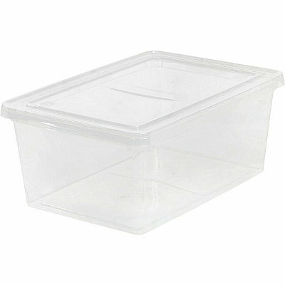 IRIS 17-quart Storage Box External Dimensions: 17.5" Length x 12" Width x 17.5" Depth x 7" Height - 4.25 gal - Snap-in Lid Closure - Stackable - Plastic - Clear - For Scissors, Notebook, Office Supplies, Sweater, Purse, Towel, Stapler - 1 Each (200410)