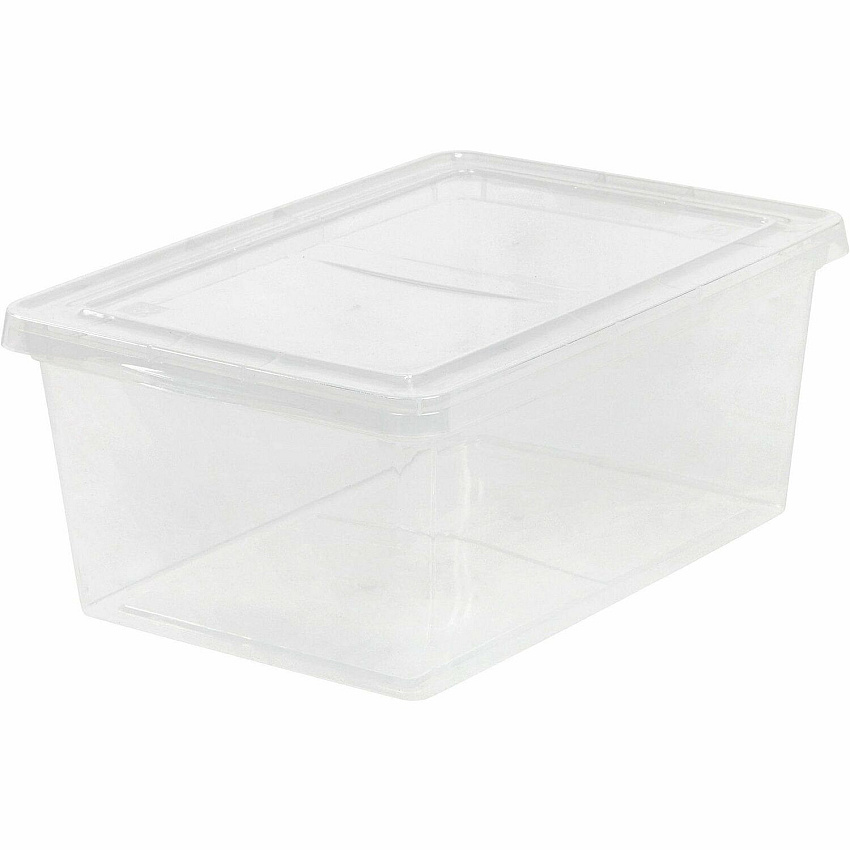 IRIS 17-quart Storage Box External Dimensions: 17.5" Length x 12" Width x 17.5" Depth x 7" Height - 4.25 gal - Snap-in Lid Closure - Stackable - Plastic - Clear - For Scissors, Notebook, Office Supplies, Sweater, Purse, Towel, Stapler - 1 Each (200410)