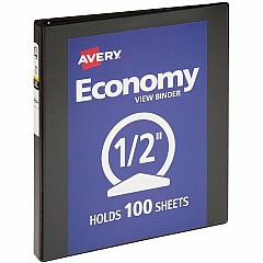 Avery&reg; Economy View Binder 1/2" Binder Capacity - Letter - 8 1/2" x 11" Sheet Size - 100 Sheet Capacity - 3 Ring - Fastener: Round Ring - Pocket: 2, Internal - Vinyl, Chipboard - Black - 1 lb - Gap-free Ring, Exposed Rivet, Non Locking Mecha (05705BD)