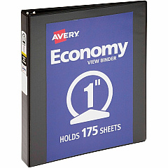 Avery&reg; Economy View Binder 1" Binder Capacity - Letter - 8 1/2" x 11" Sheet Size - 175 Sheet Capacity - 3 Ring - Fastener: Round Ring - Pocket: 2, Internal - Vinyl, Chipboard - Black - 15.84 oz - Gap-free Ring, Exposed Rivet, Non Locking Mec (05710BD)