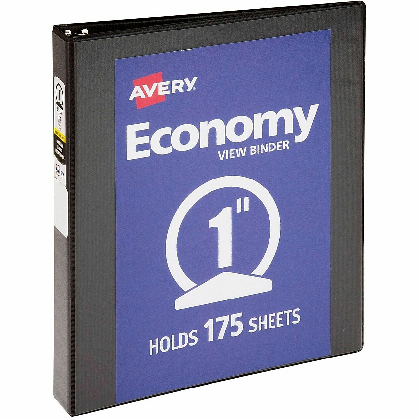 Avery&reg; Economy View Binder 1" Binder Capacity - Letter - 8 1/2" x 11" Sheet Size - 175 Sheet Capacity - 3 Ring - Fastener: Round Ring - Pocket: 2, Internal - Vinyl, Chipboard - Black - 15.84 oz - Gap-free Ring, Exposed Rivet, Non Locking Mec (05710BD)