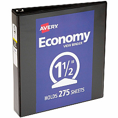 Avery&reg; Economy View Binder 1 1/2" Binder Capacity - Letter - 8 1/2" x 11" Sheet Size - 275 Sheet Capacity - 3 Ring - Fastener: Round Ring - Pocket: 2, Internal - Vinyl, Chipboard - Black - Gap-free Ring, Exposed Rivet, Non Locking Mechanism, (05725BD)