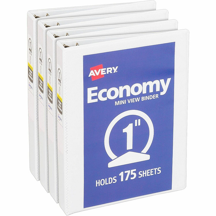 Avery&reg; Economy View Binder 1" Binder Capacity - Statement - 5 1/2" x 8 1/2" Sheet Size - 175 Sheet Capacity - 3 Ring - Fastener: Round Ring - Pocket: 2, Internal - Vinyl, Chipboard - White - Sturdy, Exposed Rivet, Non Locking Mechanism, Clea (05806BD)