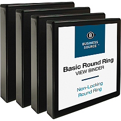 Business Source Round Ring View Binder 1 1/2" Binder Capacity - Letter - 8 1/2" x 11" Sheet Size - 350 Sheet Capacity - Fastener: Round Ring - Pocket: 2, Internal - Chipboard, Polypropylene - Black - Wrinkle-free, Gap-free Ring, Clear Overlay (BSN09954BD)