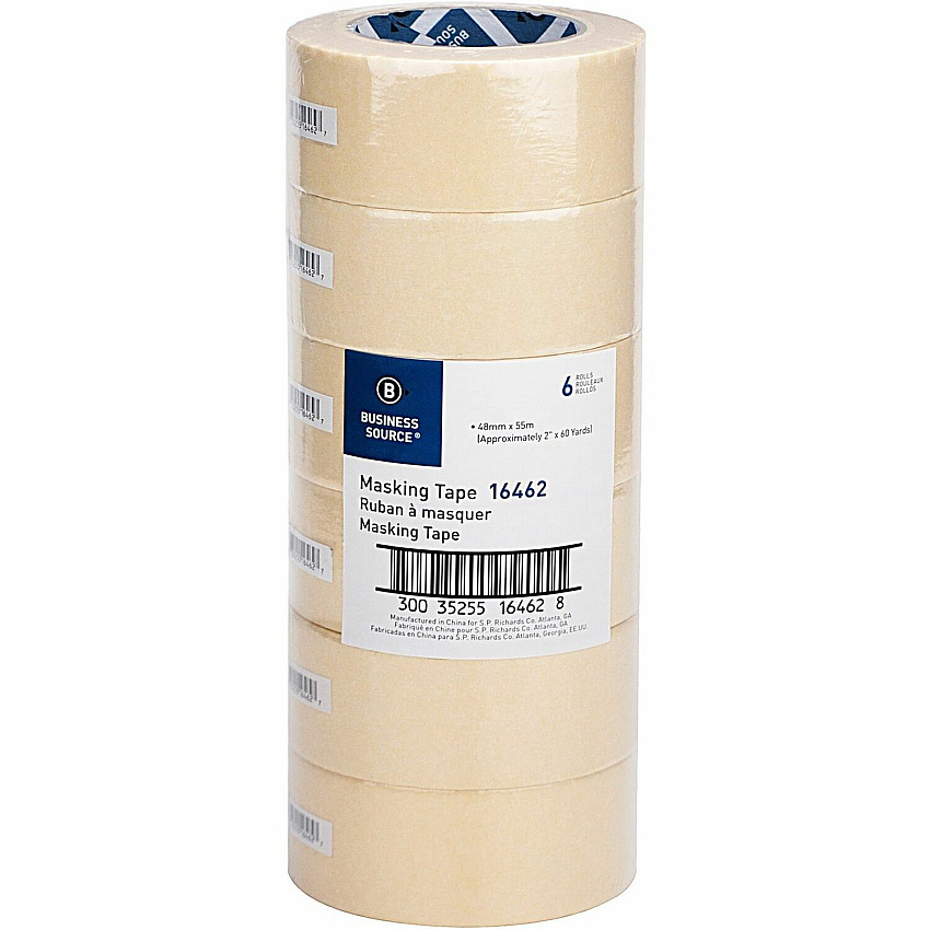 Business Source Utility-purpose Masking Tape 60 yd Length x 2" Width - 3" Core - Tan - Crepe Paper Backing - For Bundling, Holding, Sealing, Masking - 6 / Pack (BSN16462PK)