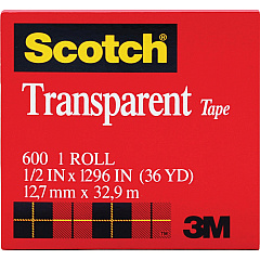 Scotch Transparent Tape - 1/2"W 36 yd Length x 0.50" Width - 1" Core - Clear - Moisture Resistant, Stain Resistant, Long Lasting - For Multipurpose, Mending, Packing, Label Protection, Wrapping - 12 / Pack (600121296PK)