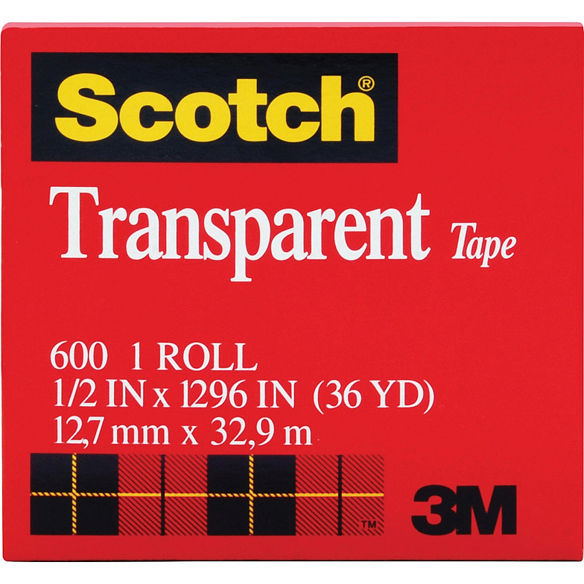 Scotch Transparent Tape - 1/2"W 36 yd Length x 0.50" Width - 1" Core - Clear - Moisture Resistant, Stain Resistant, Long Lasting - For Multipurpose, Mending, Packing, Label Protection, Wrapping - 12 / Pack (600121296PK)