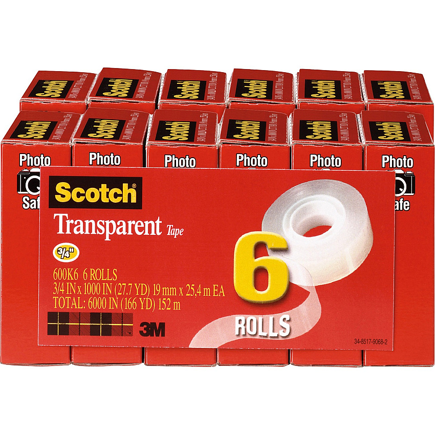 Scotch Transparent Tape - 3/4"W 27.78 yd Length x 0.75" Width - 1" Core - Clear - Moisture Resistant, Stain Resistant, Long Lasting - For Mending, Packing, Multipurpose, Wrapping, Label Protection - 6/Pack - 2 / Bundle (600K6BD)