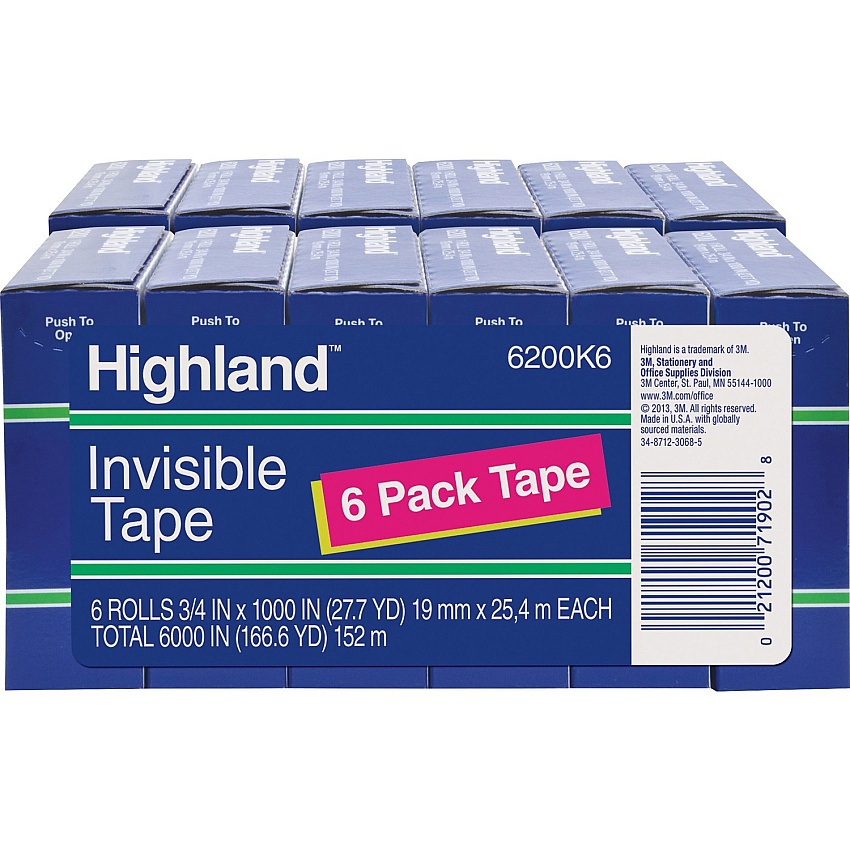 Highland 3/4"W Matte-finish Invisible Tape 27.78 yd Length x 0.75" Width - 1" Core - Matte - Clear - For Mending, Holding, Splicing - 6/Pack - 2 / Bundle (6200341000BD)