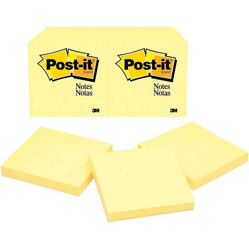 Post-it&reg; Notes Original Notepads 3" Flag/Note Width x 3" Flag/Note Length - Square - 100 Sheets per Pad - Unruled - Canary Yellow - Paper - Self-adhesive, Repositionable - 12/Pack - 2 / Bundle (654YWBD)