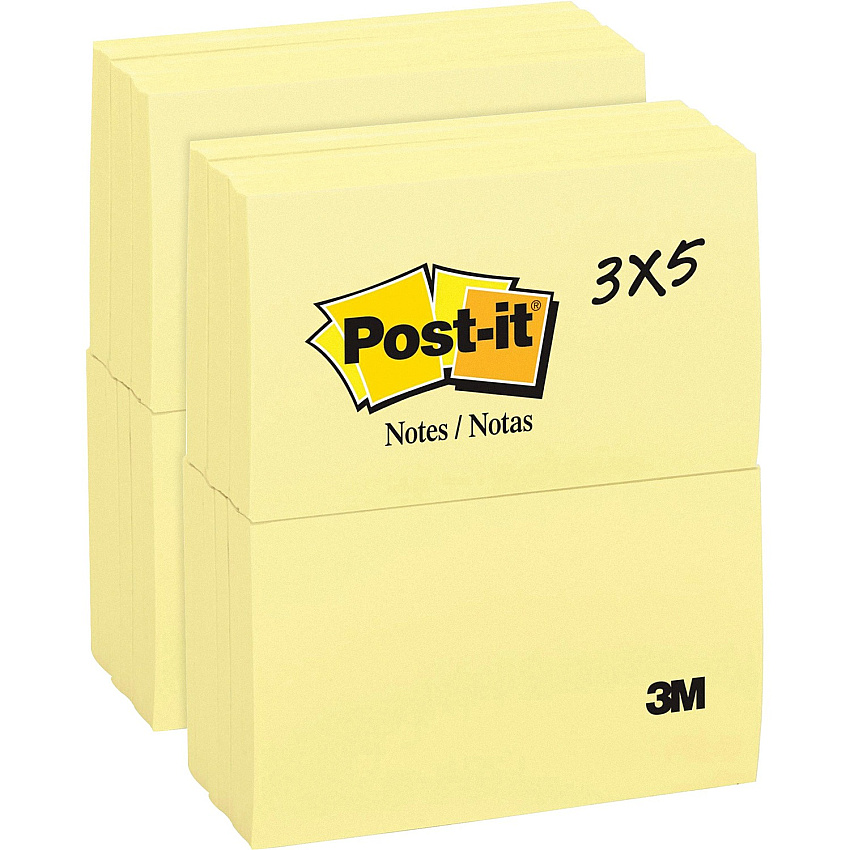 Post-it&reg; Notes Original Notepads 3" Flag/Note Width x 5" Flag/Note Length - Rectangle - 100 Sheets per Pad - Unruled - Canary Yellow - Paper - Self-adhesive, Repositionable - 12/Pack - 2 / Bundle (655YWBD)