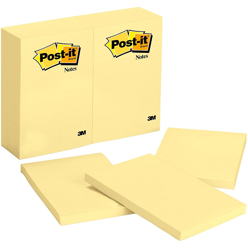 Post-it&reg; Notes Original Notepads 4" Flag/Note Width x 6" Flag/Note Length - Rectangle - 100 Sheets per Pad - Unruled - Canary Yellow - Paper - Self-adhesive, Repositionable - 12/Pack - 2 / Bundle (659YWBD)