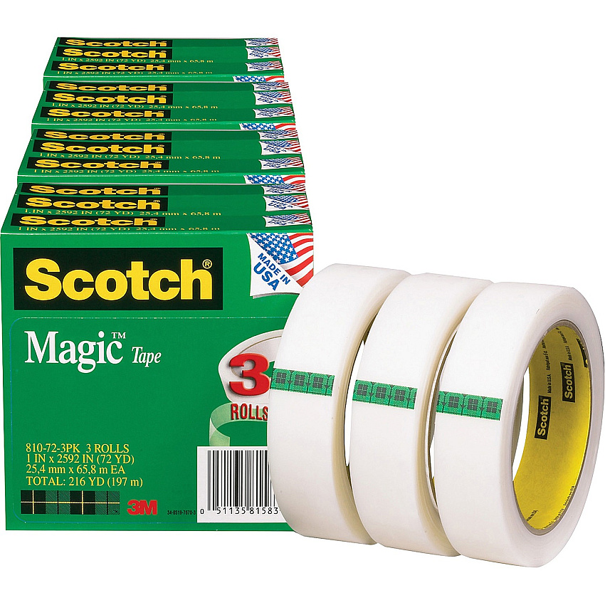 Scotch Magic Tape 72 yd Length x 1" Width - 3" Core - Matte - Clear - For Mending, Splicing - 3/Pack - 4 / Bundle (810723PKBD)