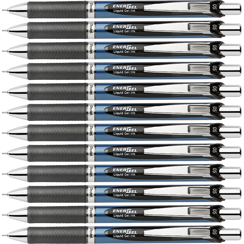 Pentel EnerGel RTX Liquid Gel Pens 0.5 mm Fine Needle Pen Point - Refillable - Retractable - Black Ink - Gel-based - Blue Barrel - Stainless Steel Tip - 12 / Box (BLN75ABX)
