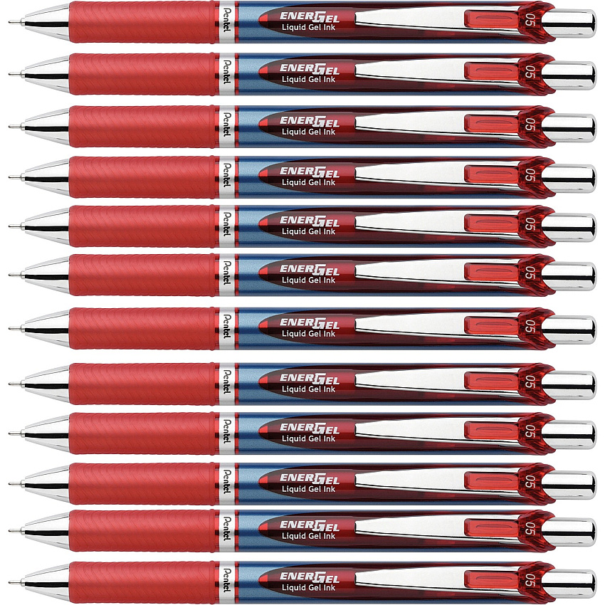 Pentel EnerGel RTX Liquid Gel Pens 0.5 mm Fine Needle Pen Point - Refillable - Retractable - Red Ink - Gel-based - Blue Barrel - Stainless Steel Tip - 12 / Box (BLN75BBX)