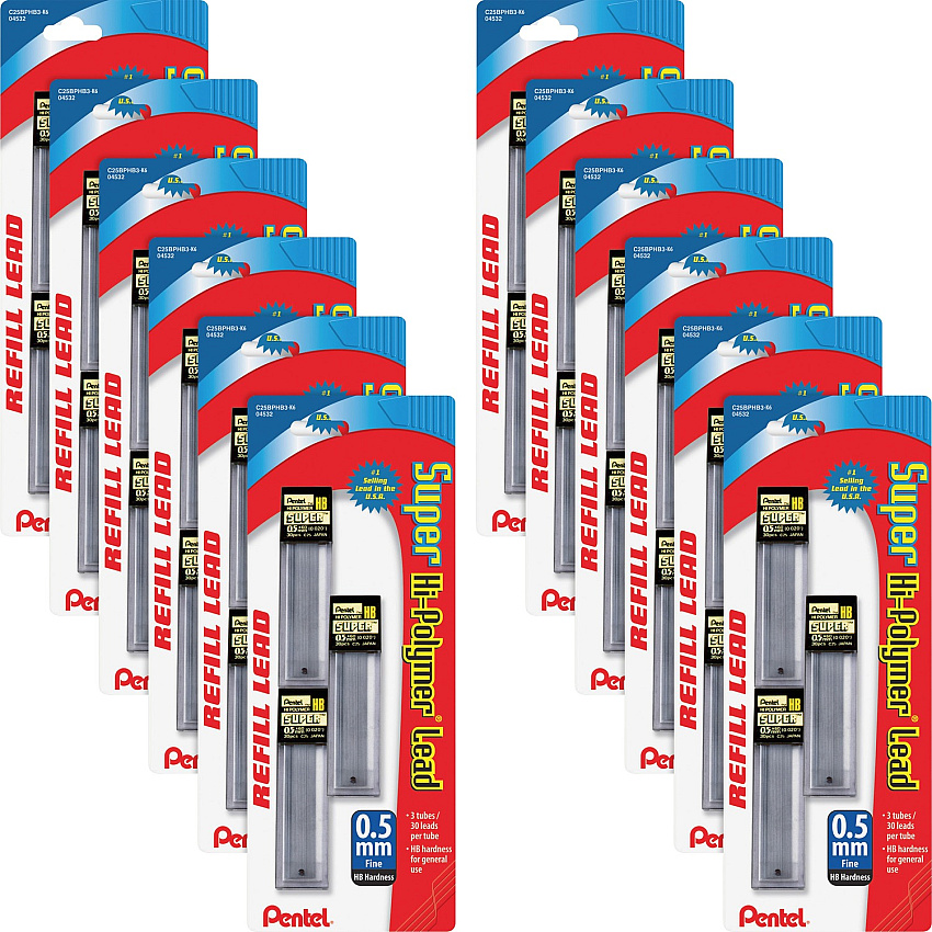 Pentel Super Hi-Polymer Leads 0.5 mm , Fine Point - HB - Graphite Lead - 30/Tube - 12 / Box (C25BPHB3K6BX)