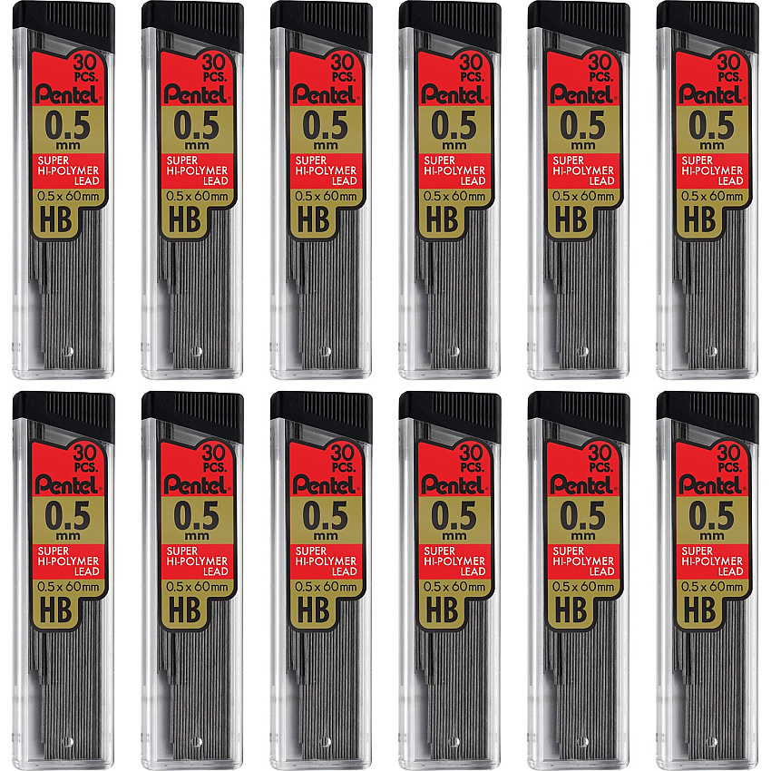 Pentel Super Hi-Polymer Leads 0.5 mm , Fine Point - HB - Black Lead - 30/Tube - 12 / Box (C25HBBX)