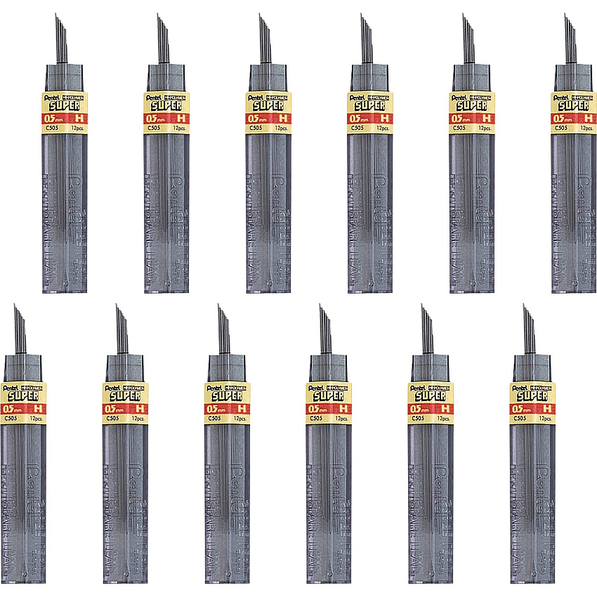 Pentel Super Hi-Polymer Leads 0.5 mm , Fine Point - H - Black Lead - 12/Tube - 12 / Box (C505HBX)