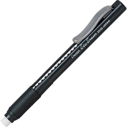 Pentel Rubber Grip Clic Eraser Black - Black Barrel - Pen - Refillable - 12 / Box - Retractable, Latex-free Grip, Ghost Resistant, Pocket Clip (ZE22ABX)