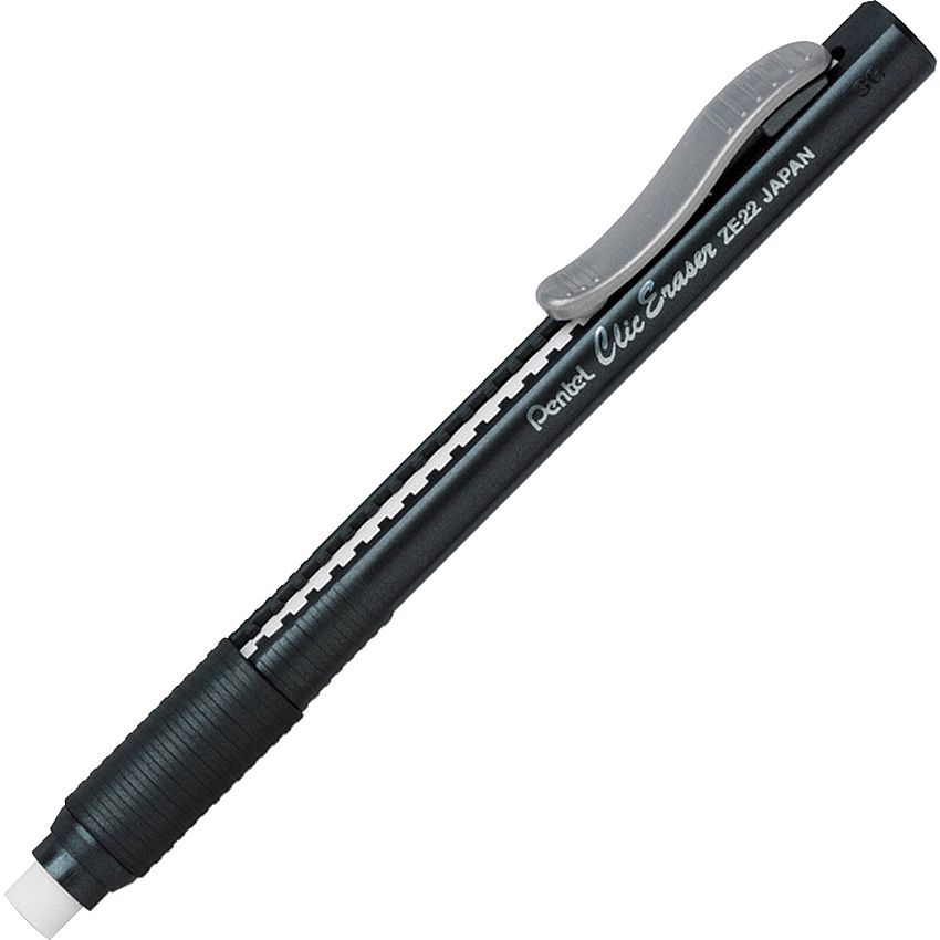 Pentel Rubber Grip Clic Eraser Black - Black Barrel - Pen - Refillable - 12 / Box - Retractable, Latex-free Grip, Ghost Resistant, Pocket Clip (ZE22ABX)