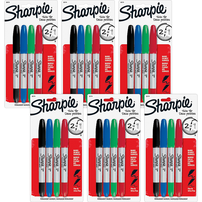Sharpie Twin Tip Permanent Markers Red, Green, Blue, Black Ink - Alcohol Based - 4/Set - 6 / Bag (32174PPBG)