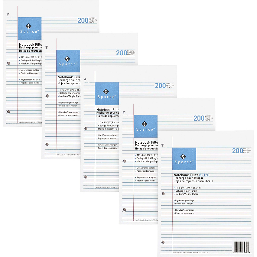 Sparco Notebook Filler Paper - Letter 100 Sheets - Ruled Red Margin - 16 lb Basis Weight - Letter - 8 1/2" x 11" Sheet Size - White Paper - Subject - 100/Pack - 10 / Bundle (82110BD)