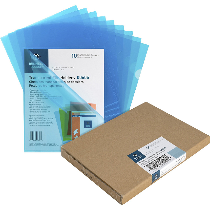 Business Source Letter File Sleeve 8 1/2" x 11" - 20 Sheets Capacity - Blue - Water Resistant, Transfer Safe, Lightweight, Transparent - 10/Pack - 5 / Box (BSN00605BX)