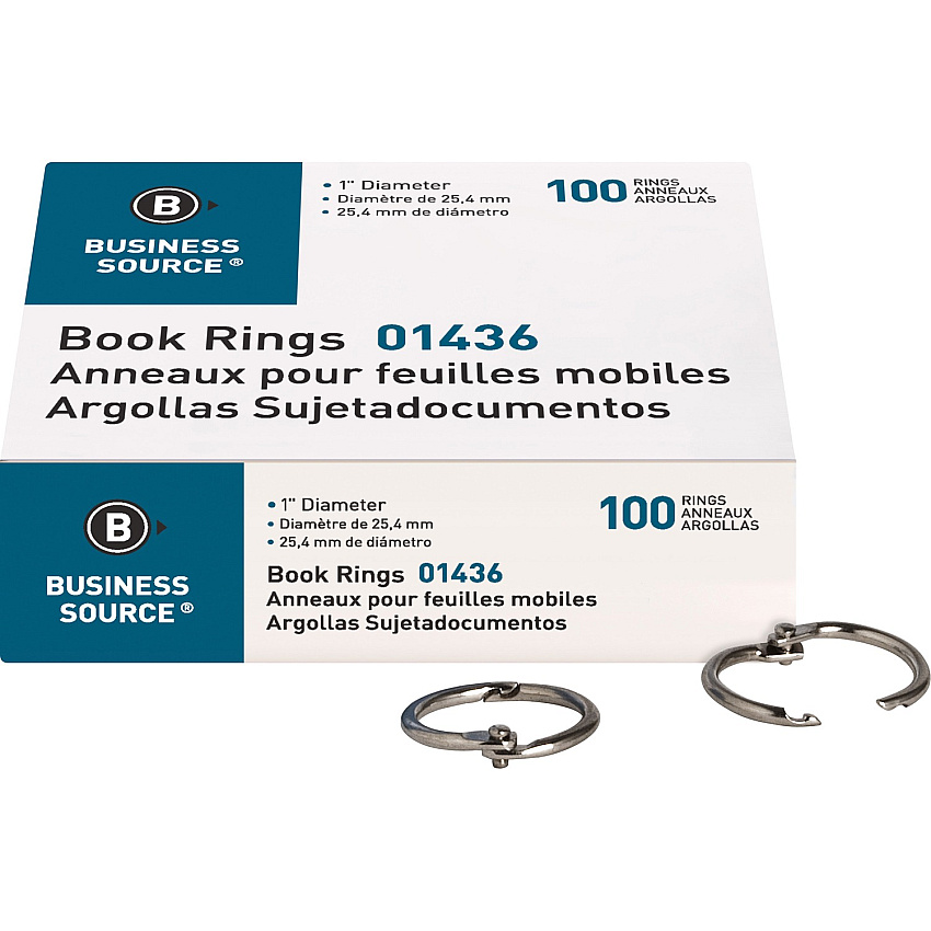 Business Source Standard Book Rings 1" Diameter - Silver - Nickel Plated - 100 / Box (BSN01436)