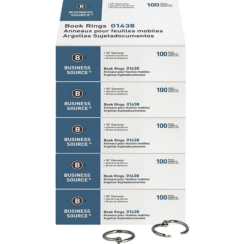 Business Source Standard Book Rings 1.5" Diameter - Silver - Nickel Plated - 100/Box - 5 / Bundle (BSN01438BD)
