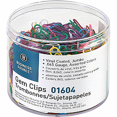 Business Source Vinyl-coated Gem Clips Jumbo - 2" Length x 0.5" Width - for Paper - Rust Resistant - Assorted - 250 / Box (BSN01604) Business Source Vinyl-coated Gem Clips Jumbo - 2" Length x 0.5" Width - for Paper - Rust Resistant - Assorted - 250 / Box (BSN01604)