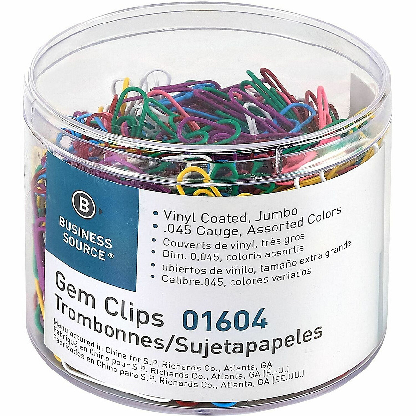 Business Source Vinyl-coated Gem Clips Jumbo - 2" Length x 0.5" Width - for Paper - Rust Resistant - Assorted - 250 / Box (BSN01604)