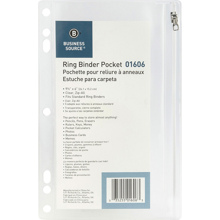 Business Source Punched Economy Binder Pocket 9.5" Height x 6" Width - 7 x Holes - Ring Binder - Clear - Plastic - 1 Each (BSN01606)
