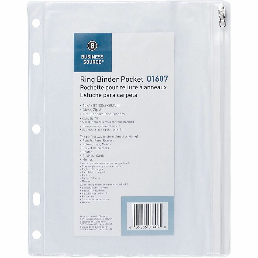 Business Source Punched Economy Binder Pocket 10" Height x 8" Width - 7 x Holes - Ring Binder - Clear - Plastic - 1 Each (BSN01607)