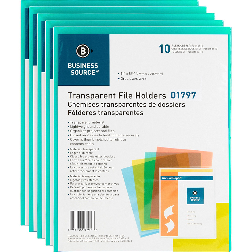 Business Source Letter File Sleeve 8 1/2" x 11" - 20 Sheets Capacity - Green - Water Resistant, Transfer Safe, Lightweight, Transparent - 10/Pack - 5 / Box (BSN01797BX)