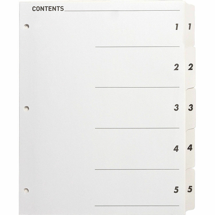 Business Source Table of Content Quick Index Dividers Printed Tab(s) - Digit - 1-5 - 5 Tab(s)/Set - 8.5" Divider Width x 11" Divider Length - 3 Hole Punched - White Divider - White Mylar Tab(s) - Tear Resistant, Reinforced, Punched - 1 Set (BSN05852)