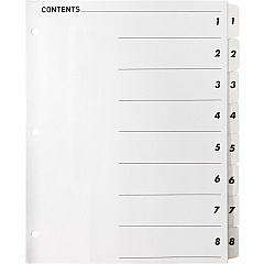 Business Source Table of Content Quick Index Dividers Printed Tab(s) - Digit - 1-8 - 8 Tab(s)/Set - 8.5" Divider Width x 11" Divider Length - 3 Hole Punched - White Divider - White Mylar Tab(s) - 1 Set (BSN05853) Business Source Table of Content Quick Index Dividers Printed Tab(s) - Digit - 1-8 - 8 Tab(s)/Set - 8.5" Divider Width x 11" Divider Length - 3 Hole Punched - White Divider - White Mylar Tab(s) - 1 Set (BSN05853)