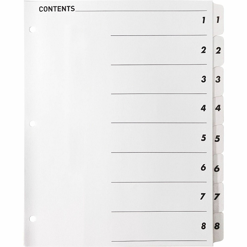 Business Source Table of Content Quick Index Dividers Printed Tab(s) - Digit - 1-8 - 8 Tab(s)/Set - 8.5" Divider Width x 11" Divider Length - 3 Hole Punched - White Divider - White Mylar Tab(s) - 1 Set (BSN05853)
